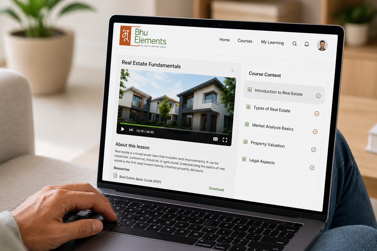 Bhu Elements real estate learning app interface design by First Branding Agency