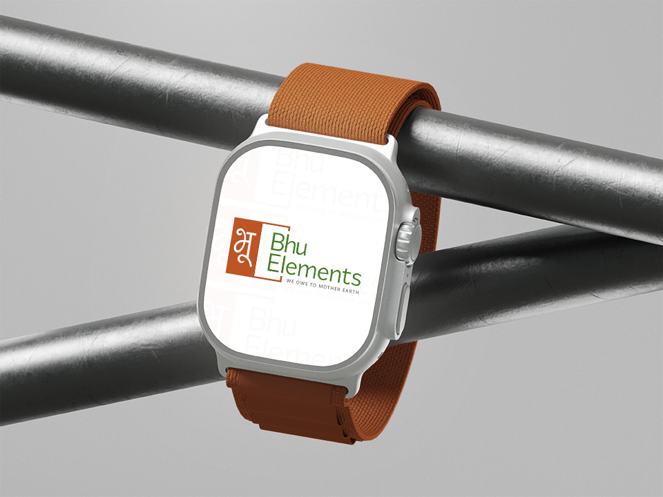 Bhu Elements logo design on smartwatch screen by First Branding Agency