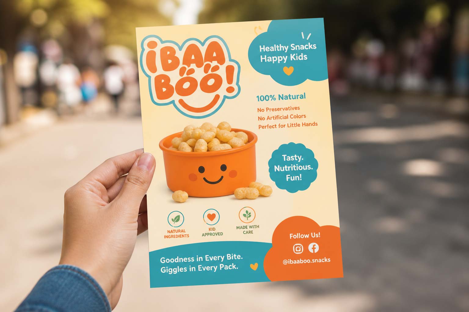 Ibaa-boo flyer design for kids healthy snacks by First Branding Agency