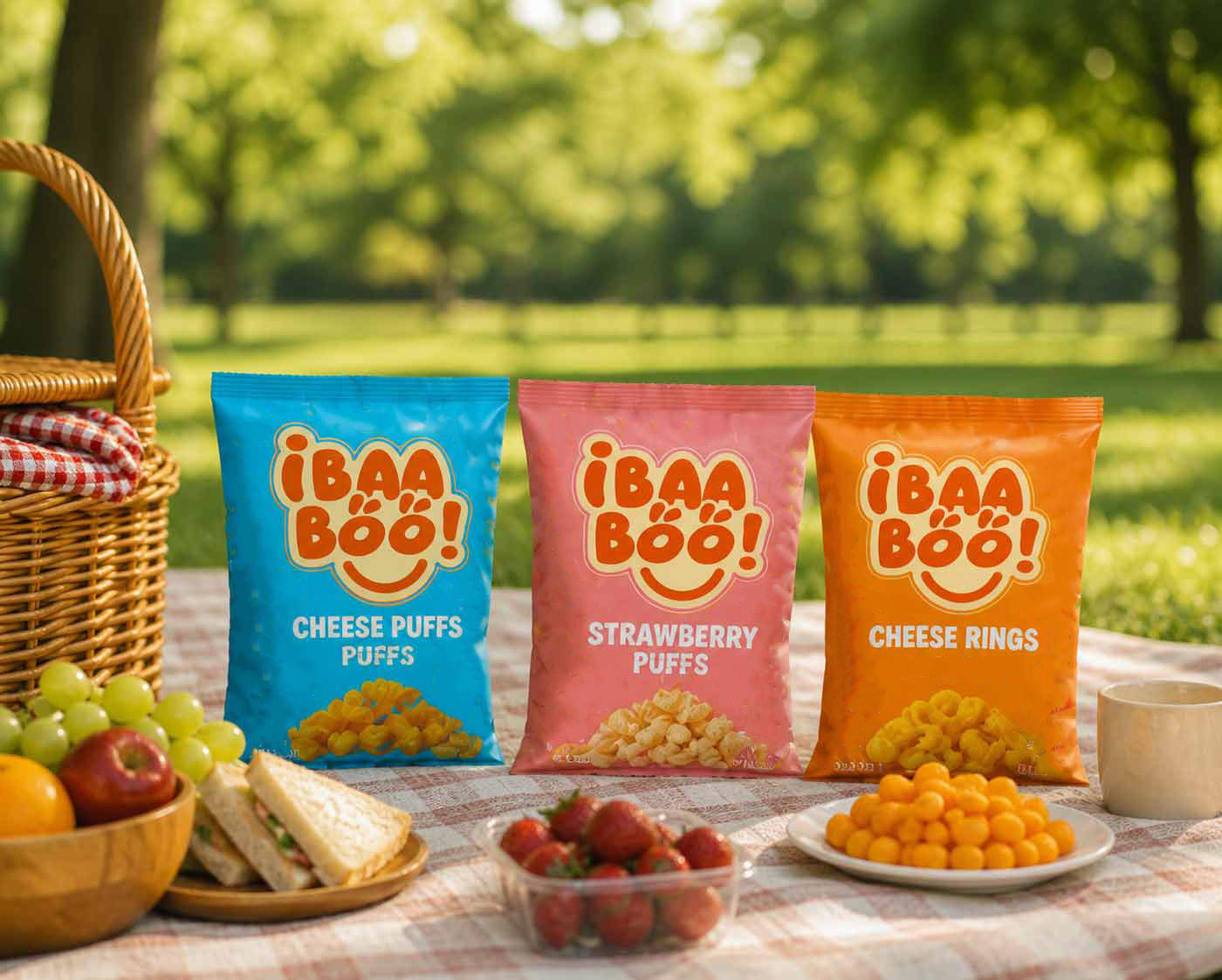 Ibaa-boo kids snack packaging design for Cheese Puffs, Strawberry Puffs and Cheese Rings by First Branding Agency