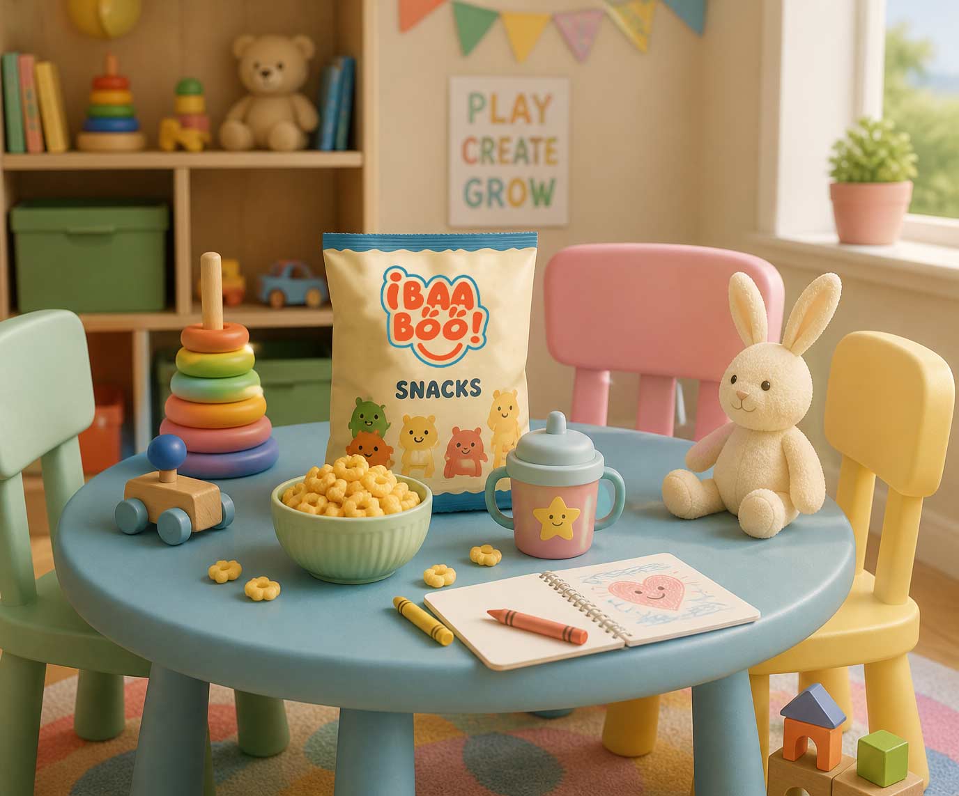 Ibaa-boo snacks packaging in kids playroom lifestyle setting by First Branding Agency